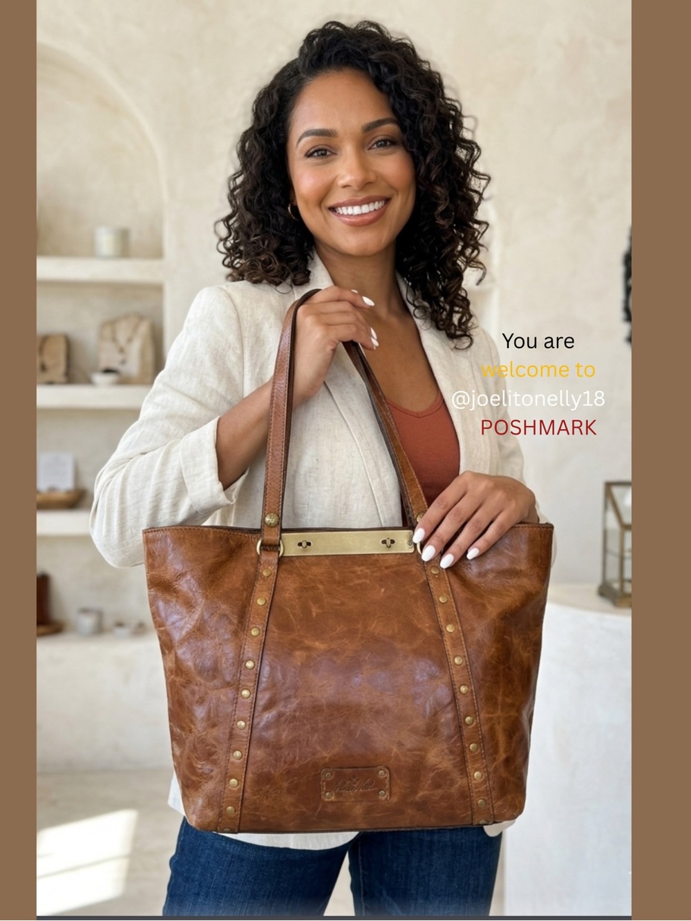Patricia Nash Cognac Brown Leather Studded Tote